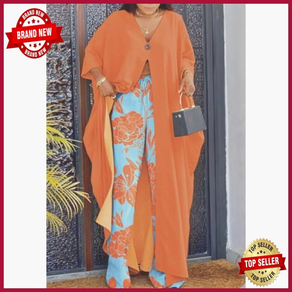 Plus Size Floral Print 2-Piece Set Long Cardigan Wide Leg Pants - Picture 5 of 5